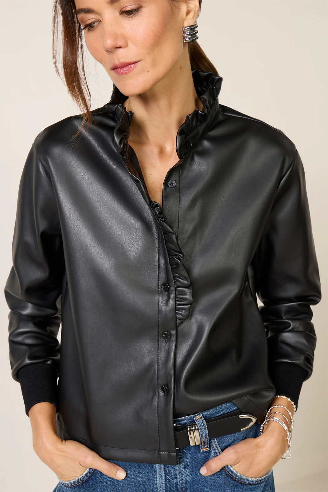 Faux Leather Ruffle Neck Shirt - Image 3