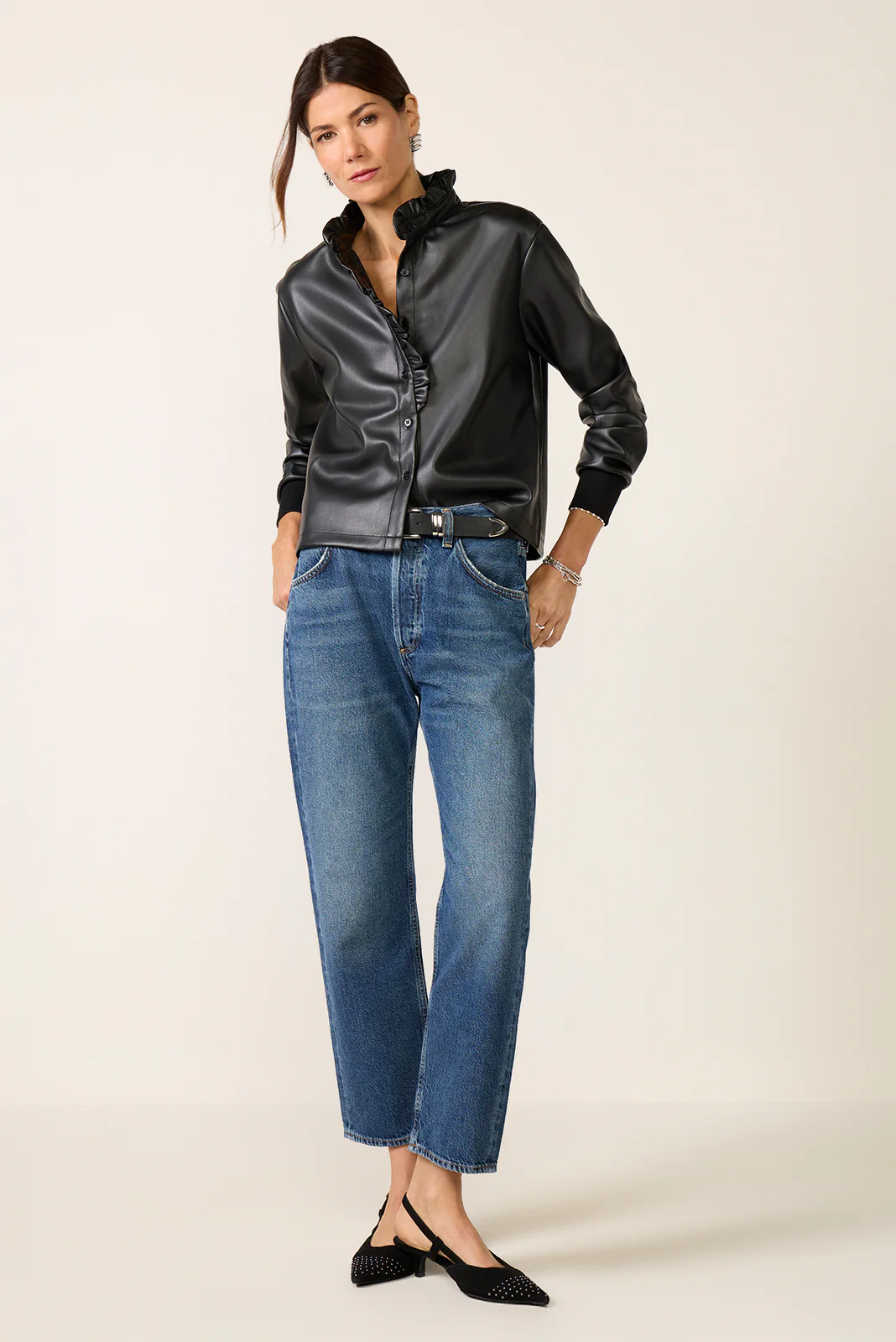 Faux Leather Ruffle Neck Shirt - Image 5
