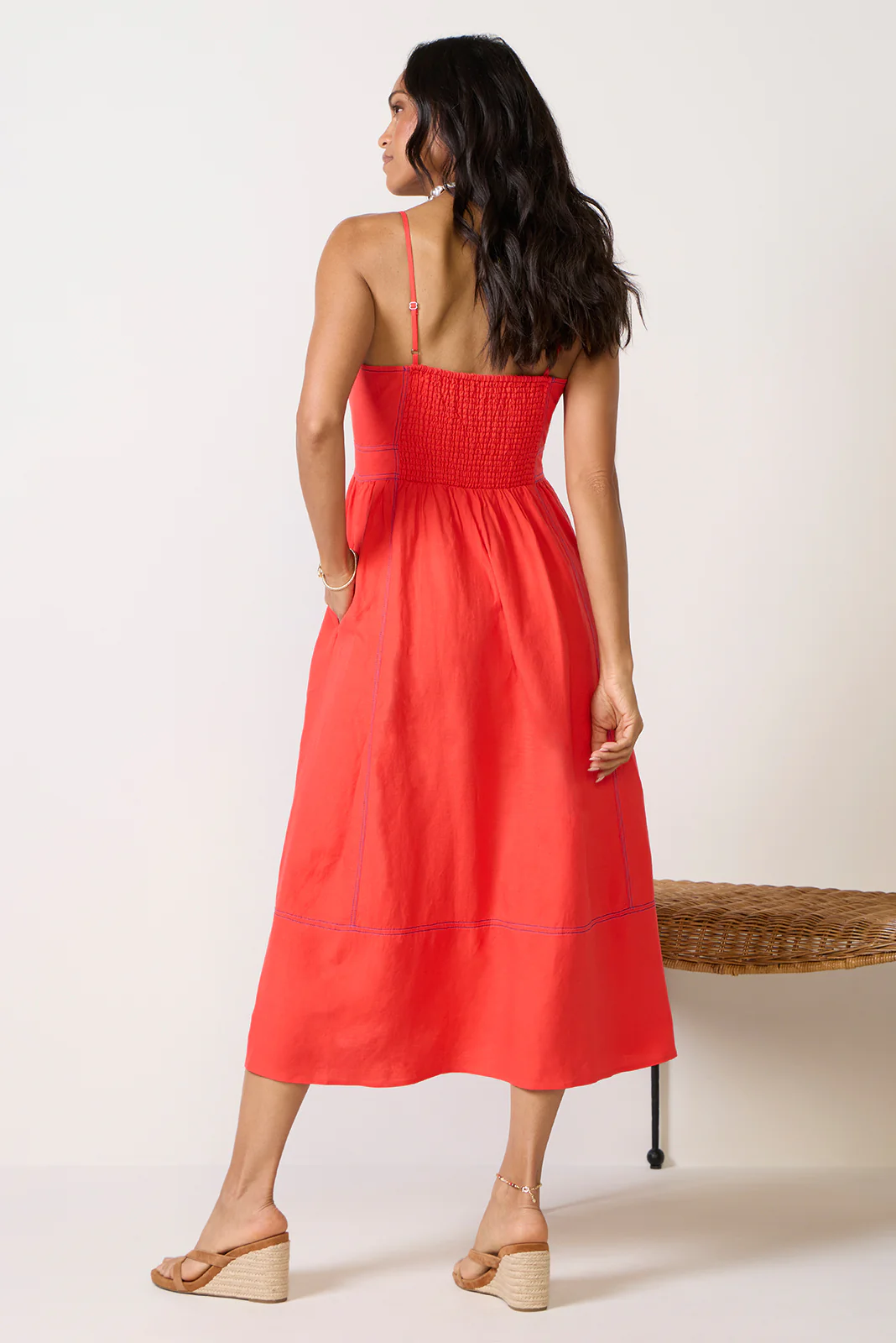 Jill Contrast Stitch Linen Midi Dress - Image 4