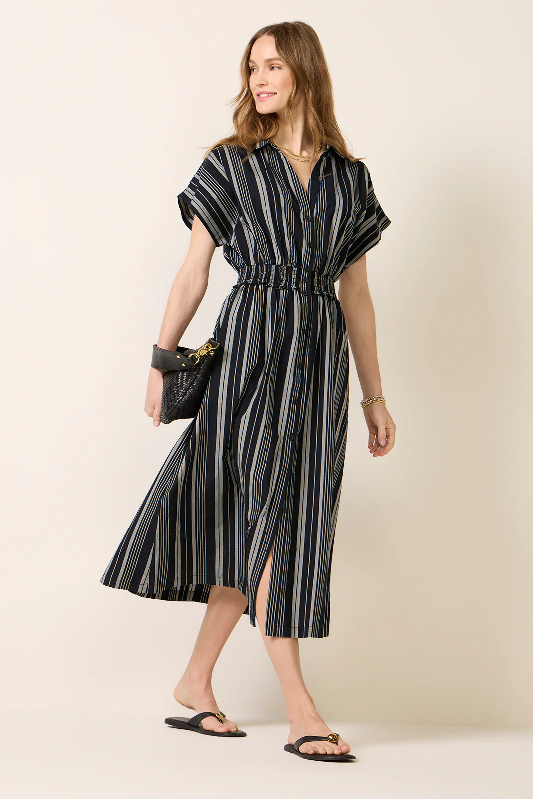 Sailor Smocked Waist Midi Shirt Dress