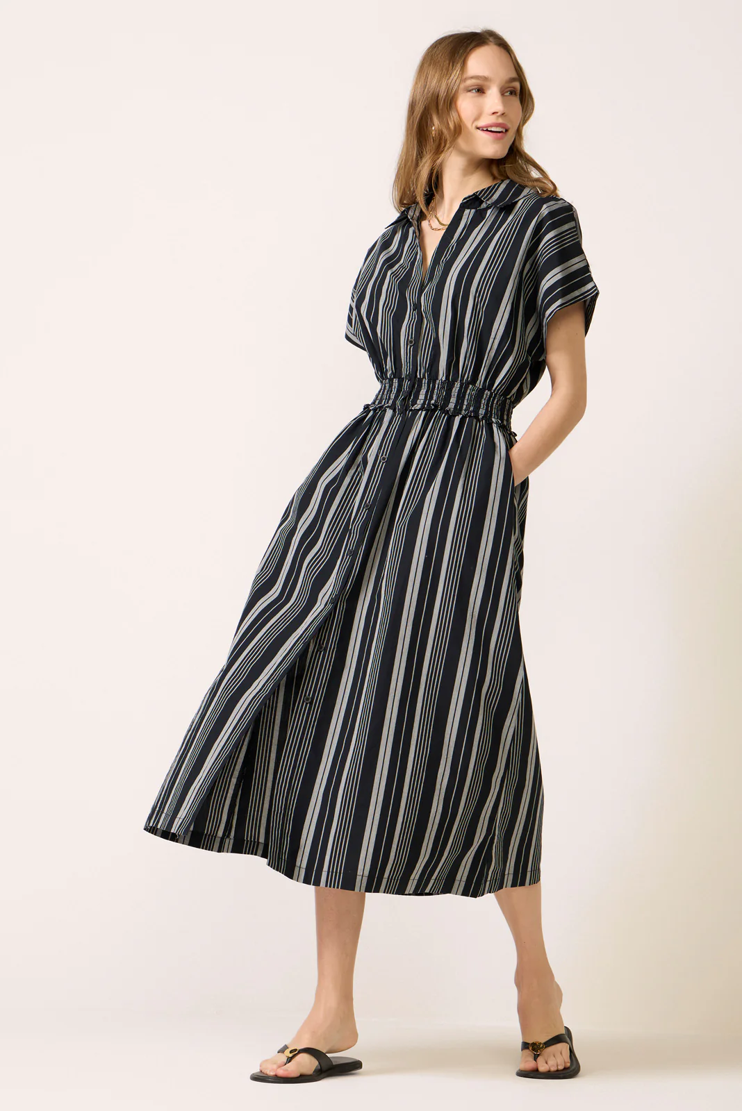 Sailor Smocked Waist Midi Shirt Dress - Image 3